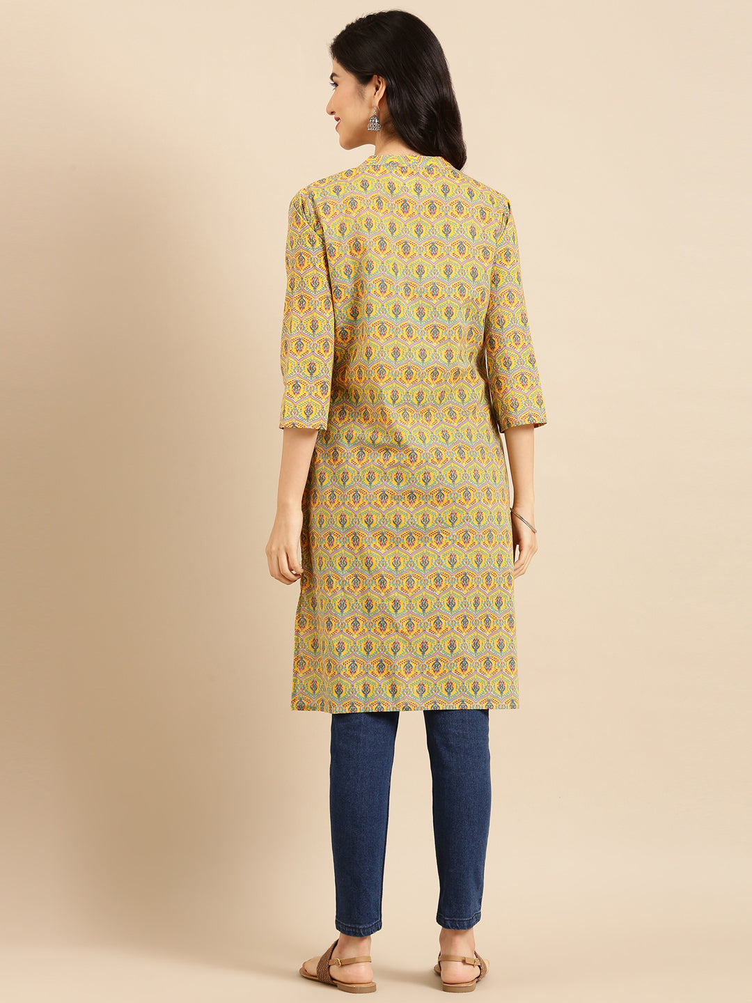 Women's Yellow Cotton Floral Printed Straight Kurta