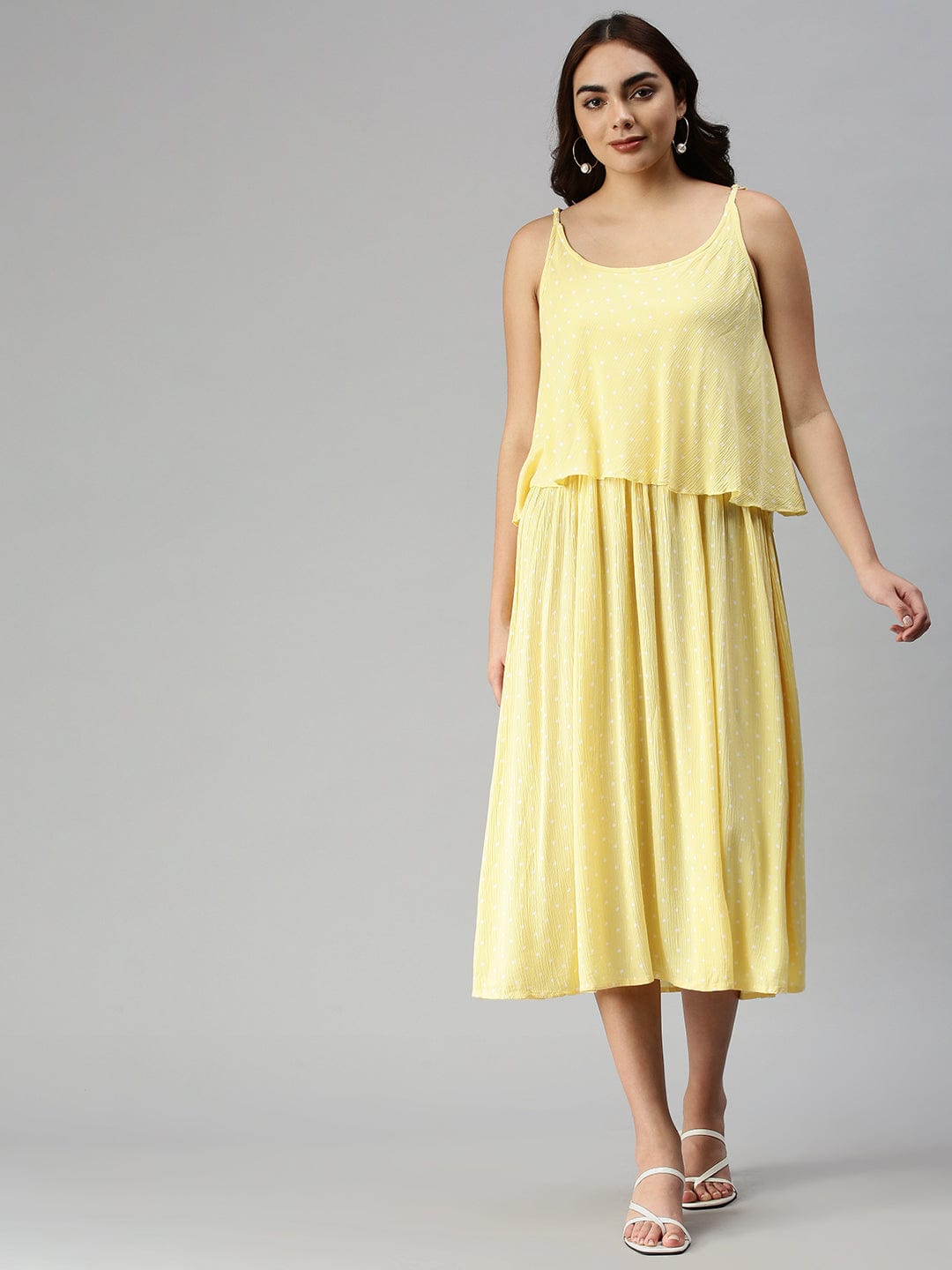 Women's Shoulder Straps Self Design Maxi Yellow Dress