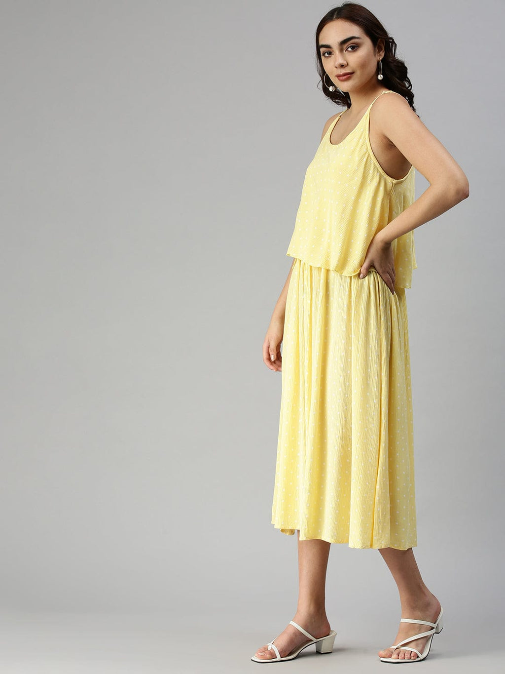 Women's Shoulder Straps Self Design Maxi Yellow Dress