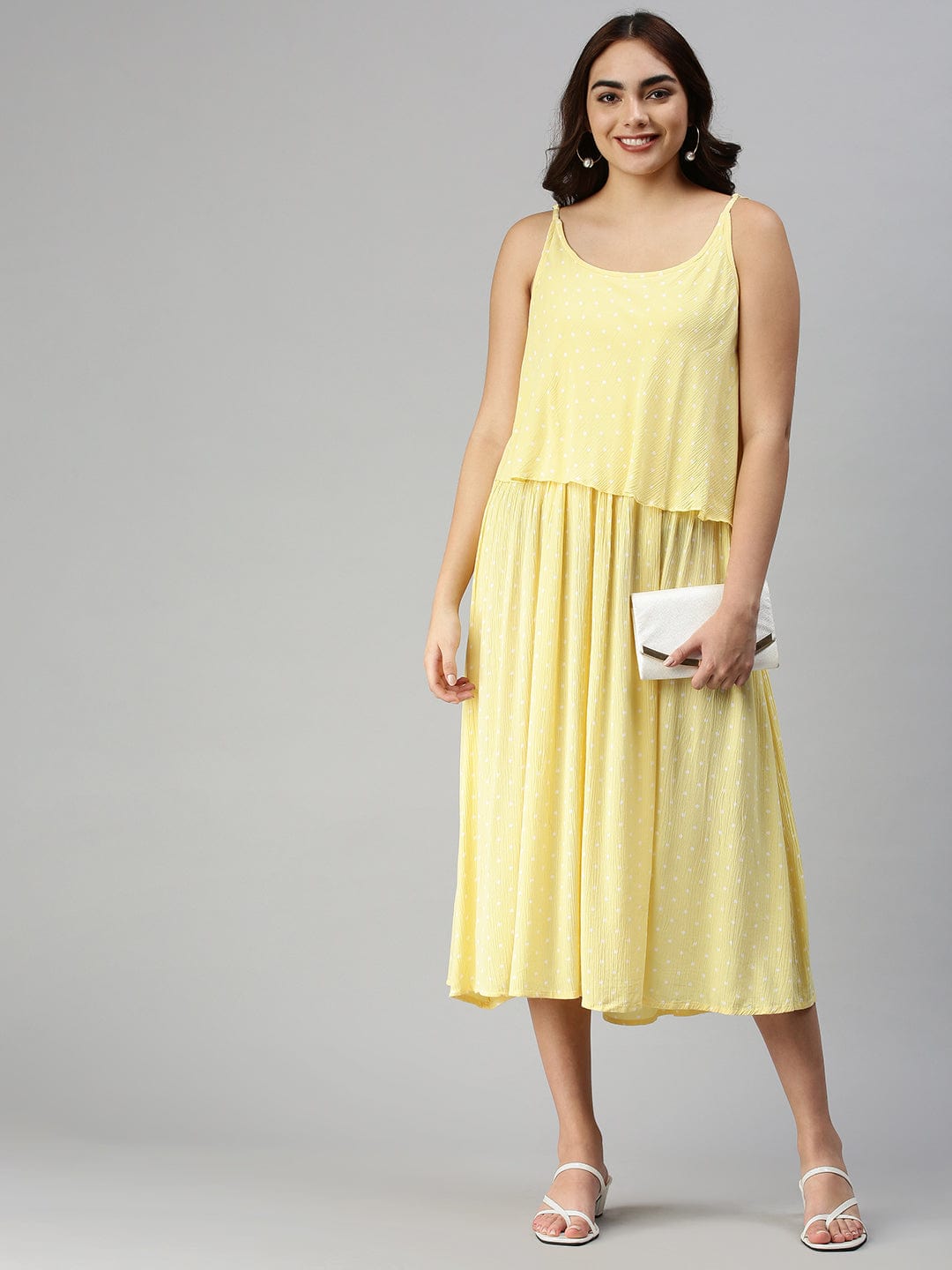 Women's Shoulder Straps Self Design Maxi Yellow Dress