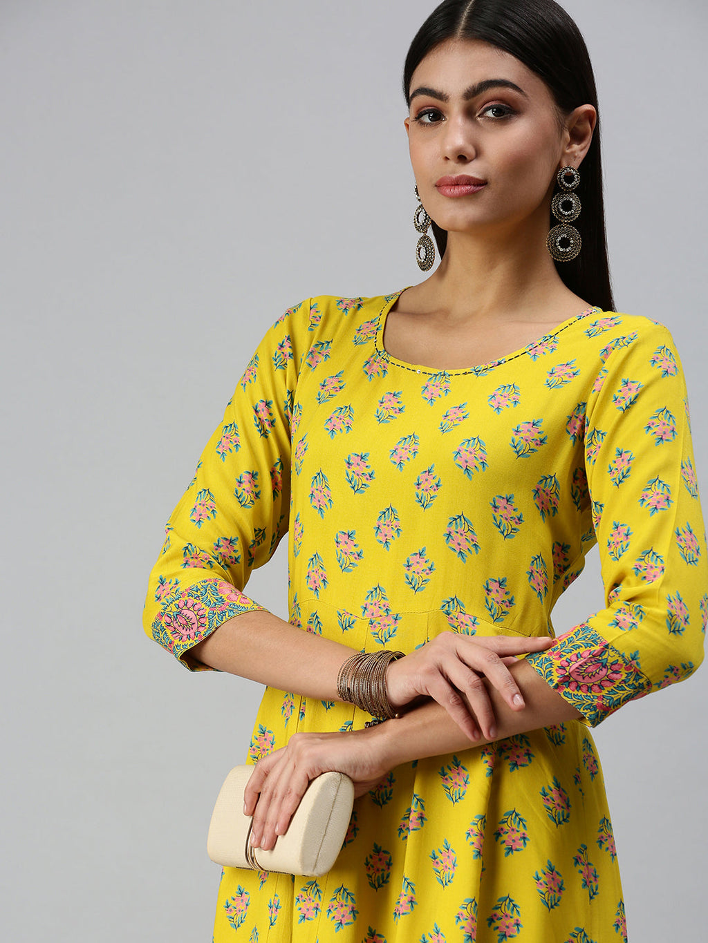 Women's Yellow Ethnic Motifs Printed Thread Work Anarkali Kurta