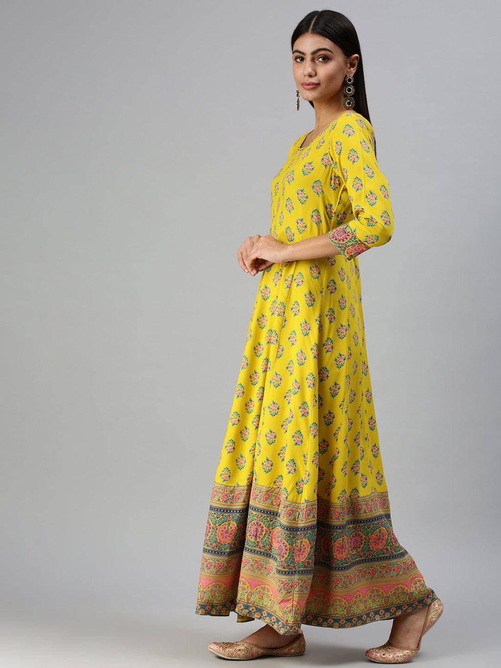 Women's Yellow Ethnic Motifs Printed Thread Work Anarkali Kurta
