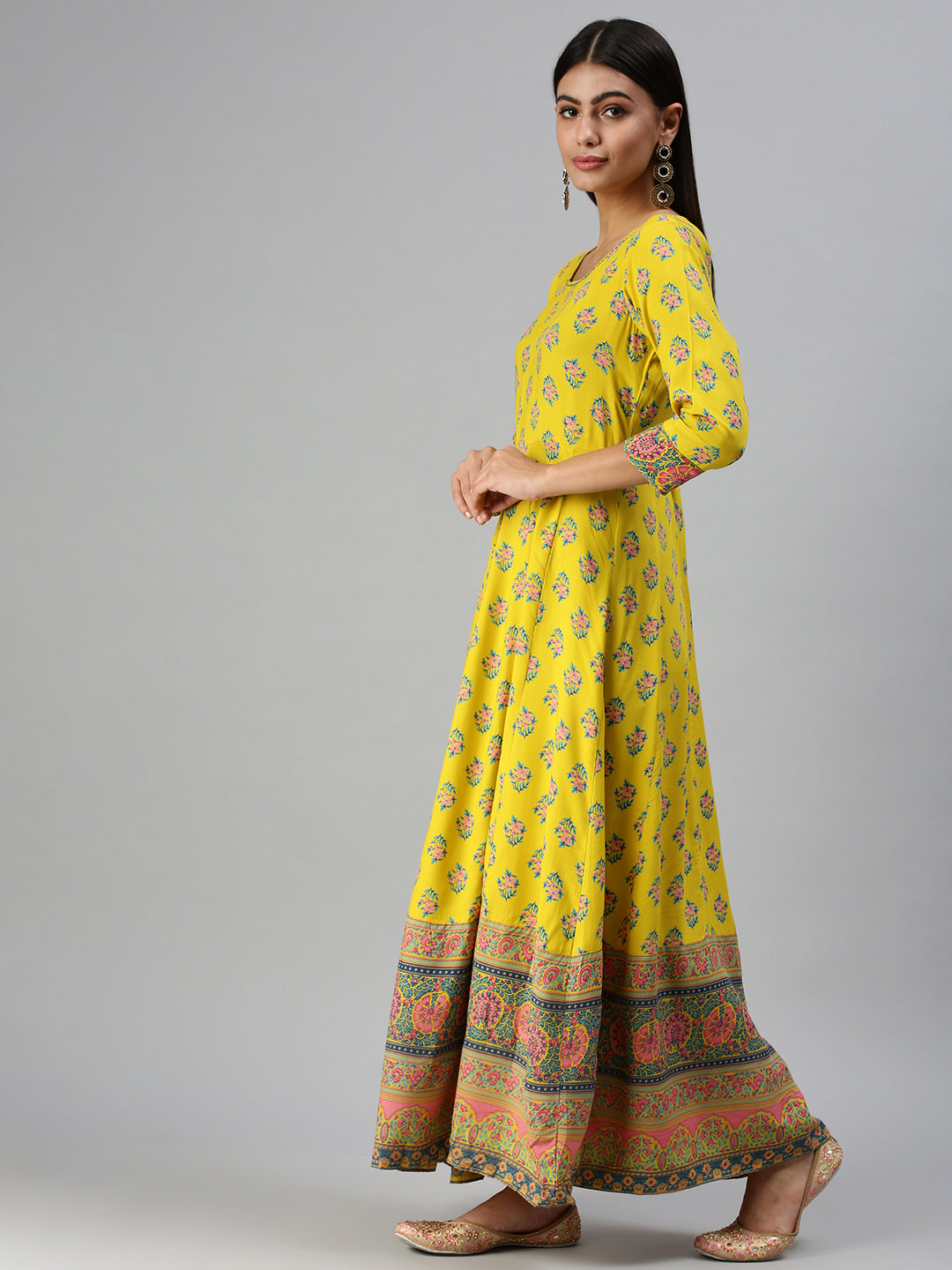 Women's Yellow Ethnic Motifs Printed Thread Work Anarkali Kurta