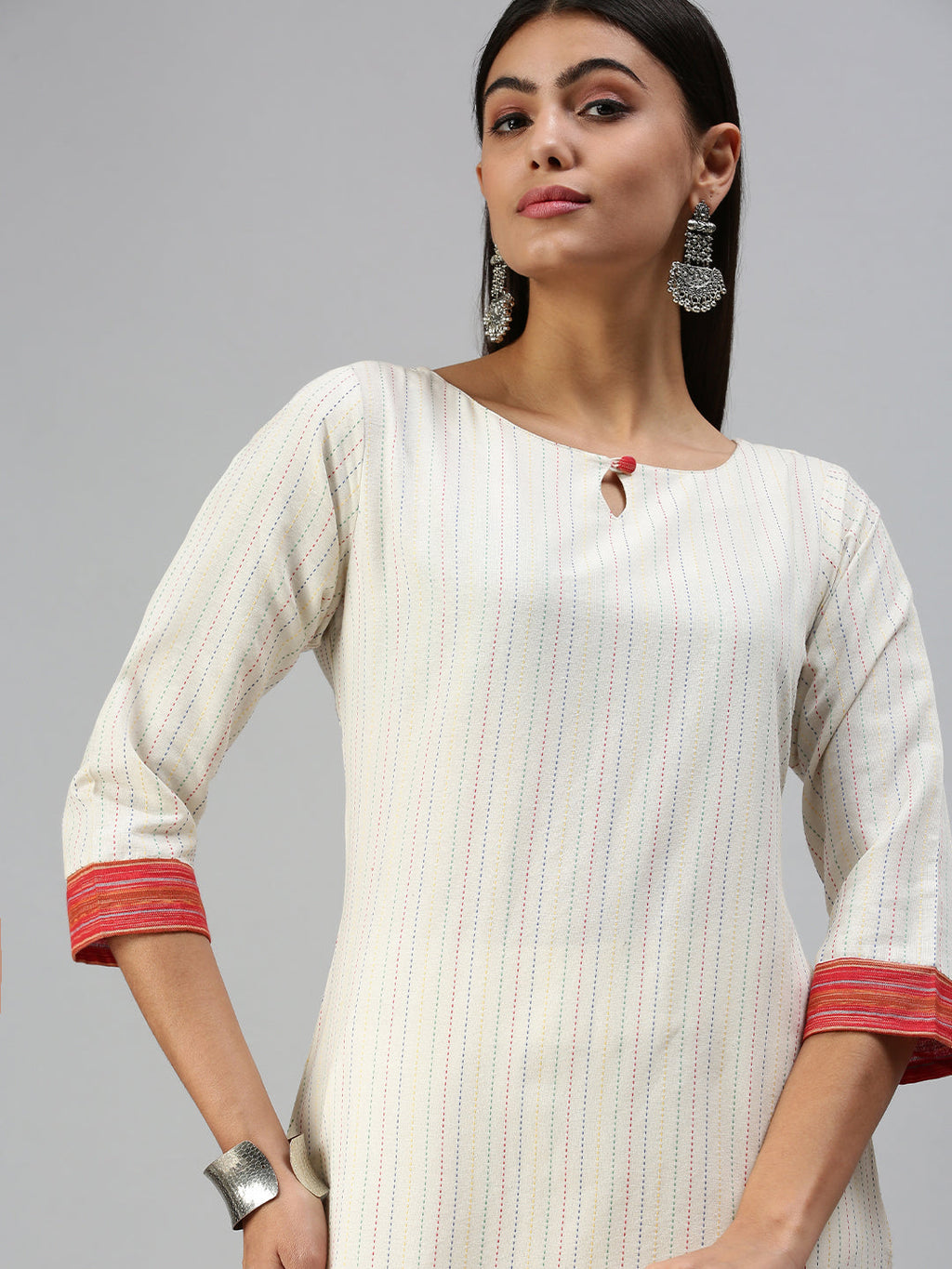 Women's White Striped Keyhole Neck Straight Kurta