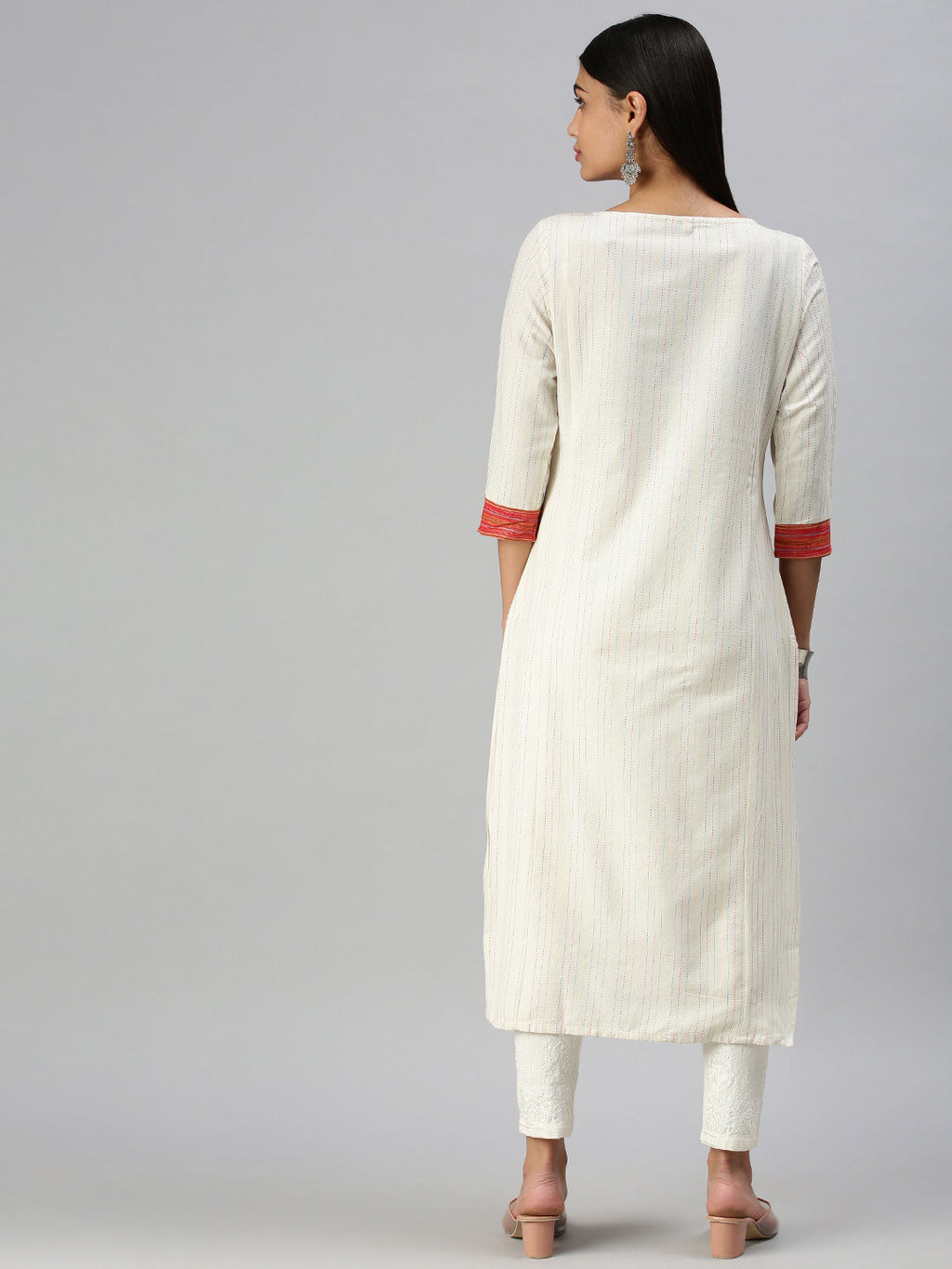 Women's White Striped Keyhole Neck Straight Kurta