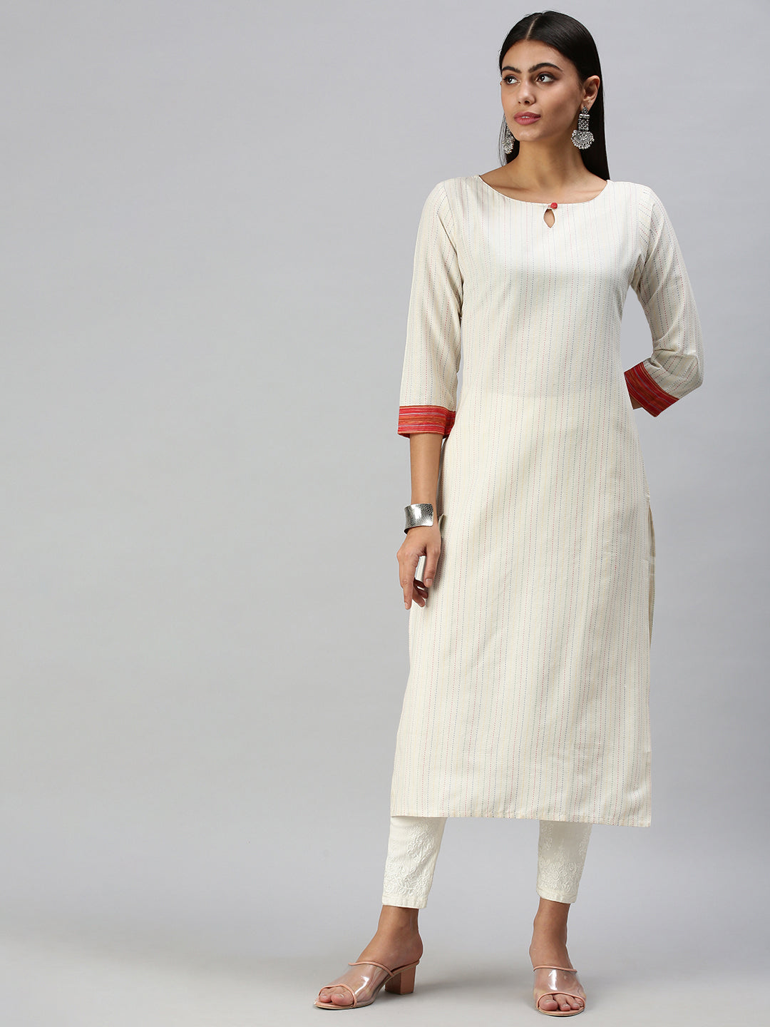 Women's White Striped Keyhole Neck Straight Kurta