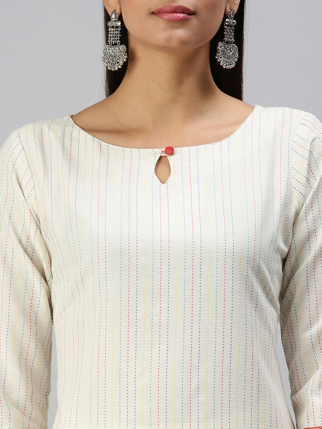 Women's White Striped Keyhole Neck Straight Kurta