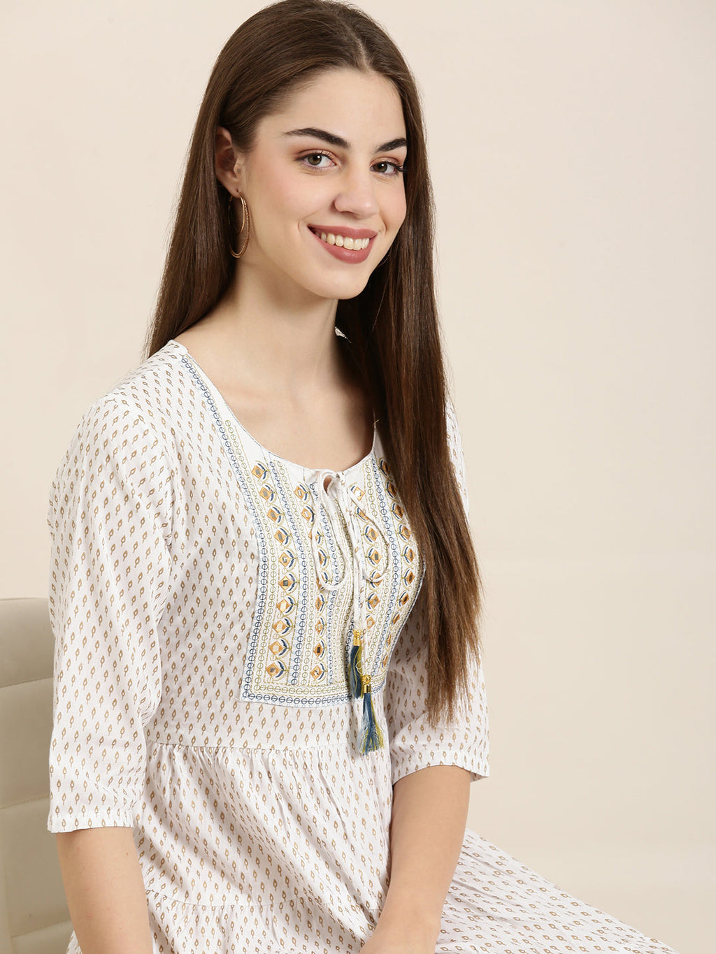 Women's Off White Floral Printed Mirror Work Cotton Anarkali Kurta