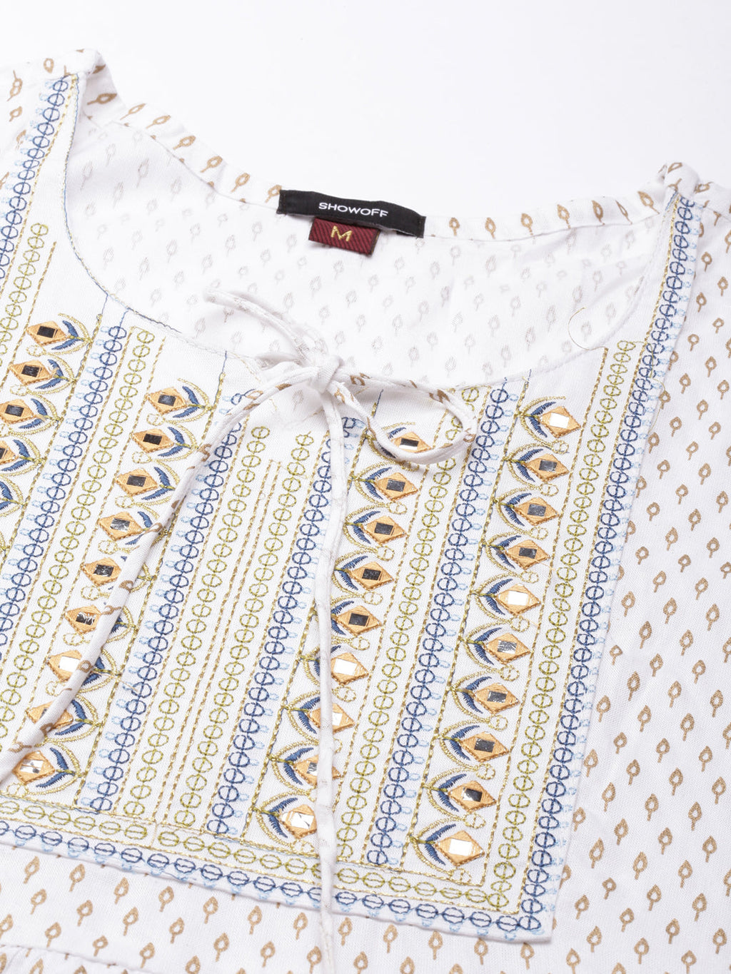 Women's Off White Floral Printed Mirror Work Cotton Anarkali Kurta