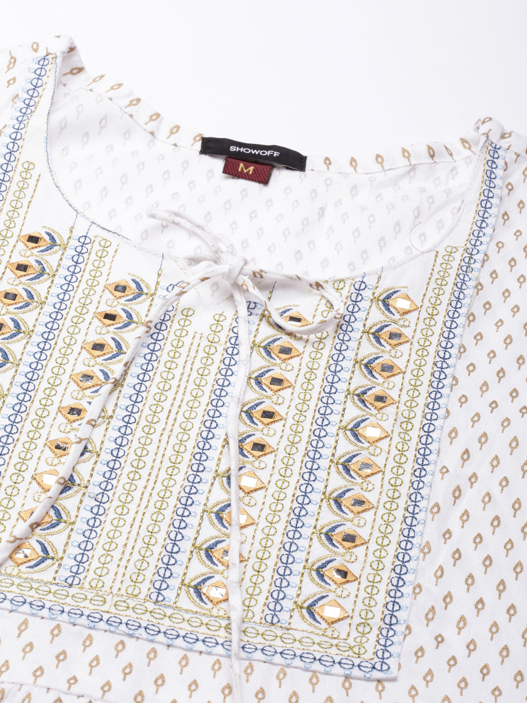 Women's Off White Floral Printed Mirror Work Cotton Anarkali Kurta