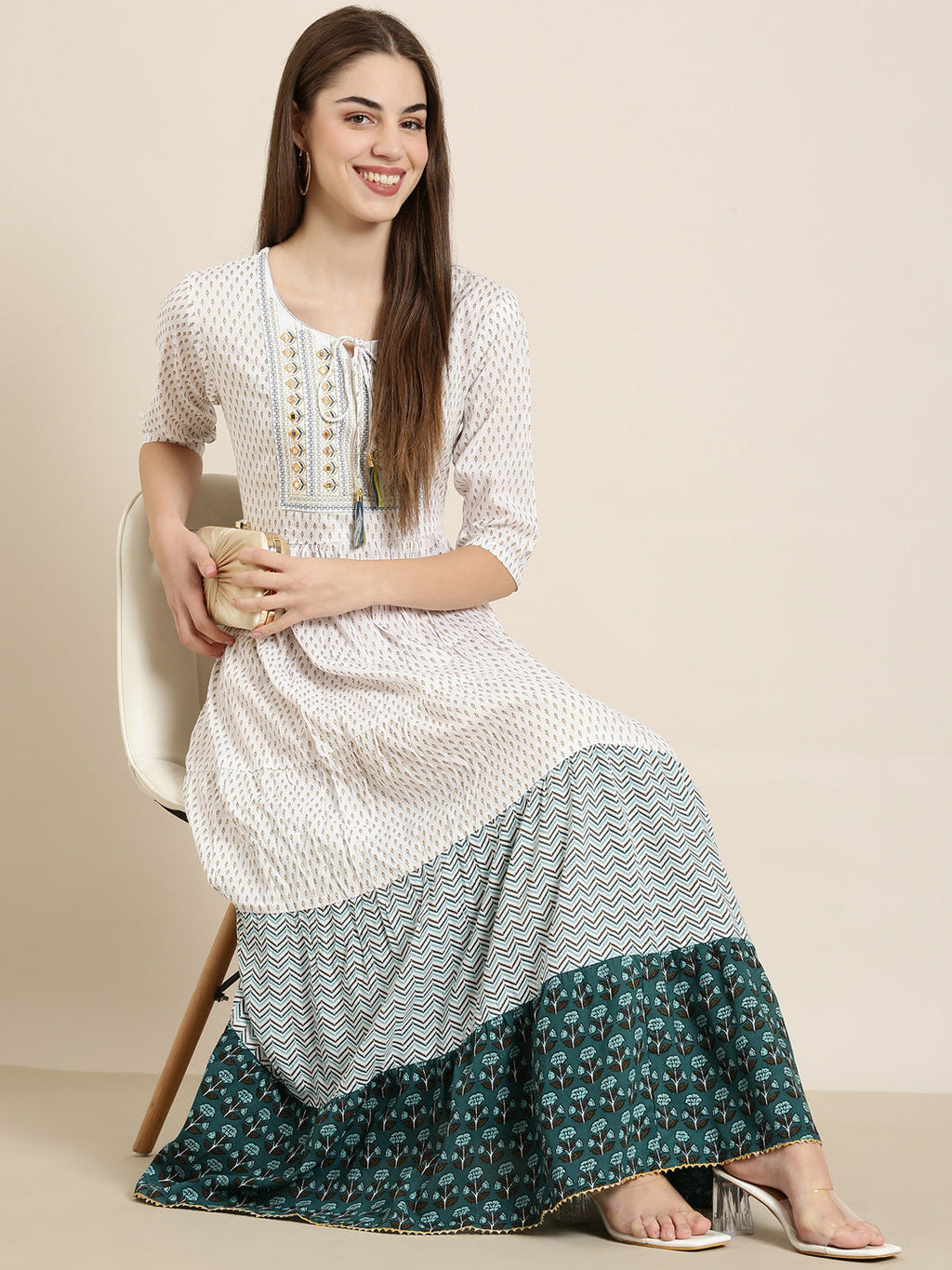 Women's Off White Floral Printed Mirror Work Cotton Anarkali Kurta