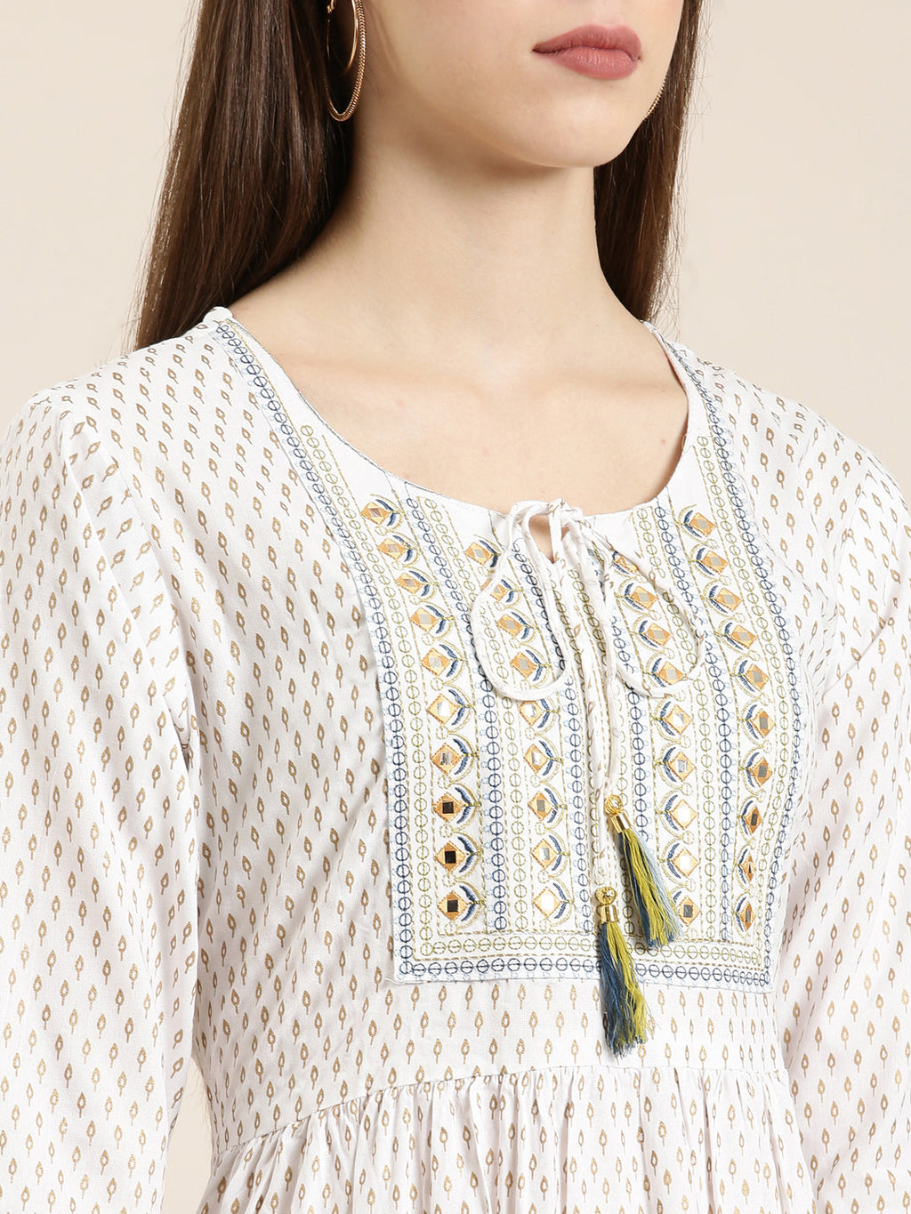 Women's Off White Floral Printed Mirror Work Cotton Anarkali Kurta