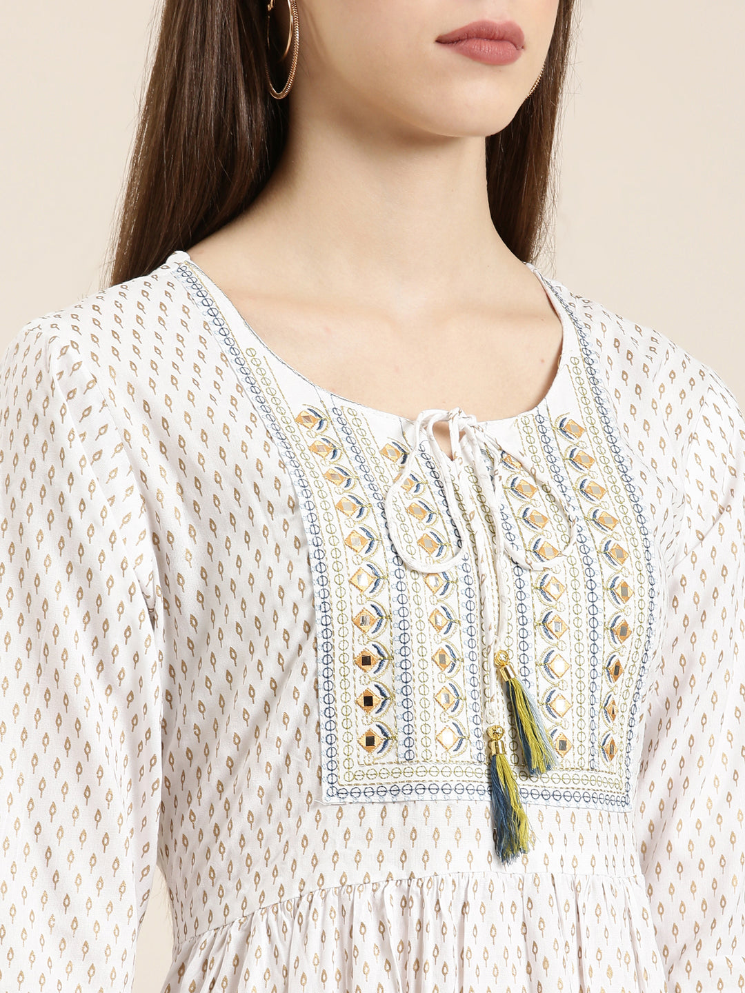 Women's Off White Floral Printed Mirror Work Cotton Anarkali Kurta