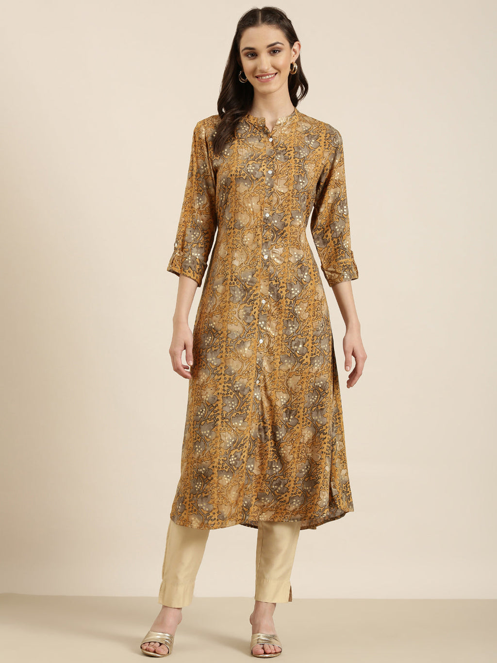 Women's Mustard Floral Printed A-Line Kurta