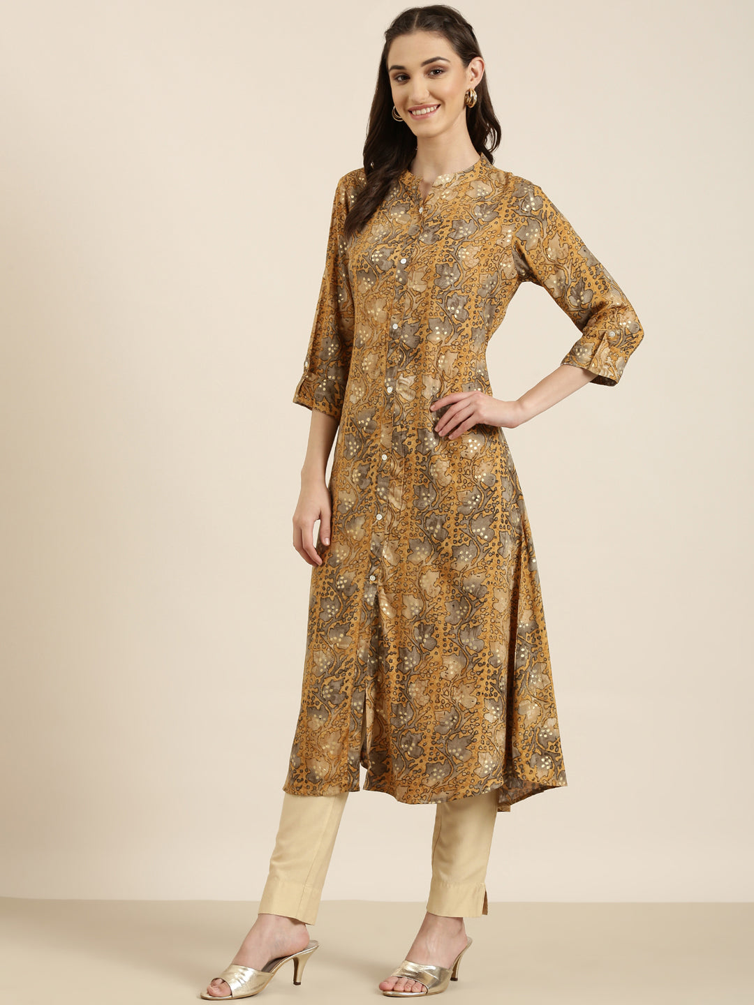 Women's Mustard Floral Printed A-Line Kurta