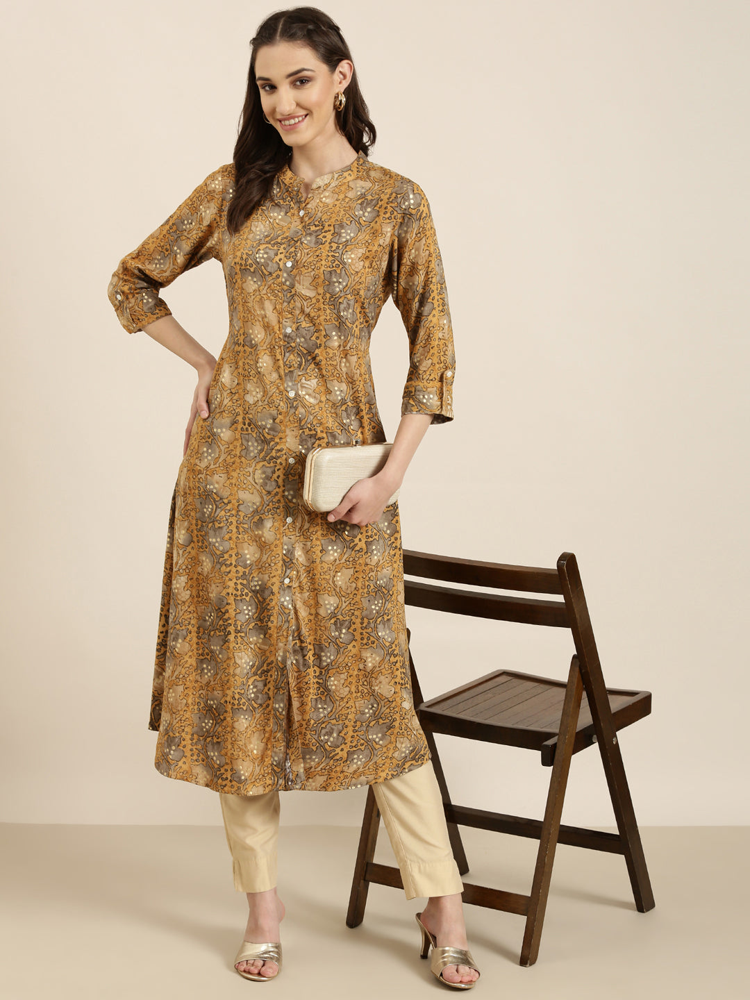 Women's Mustard Floral Printed A-Line Kurta