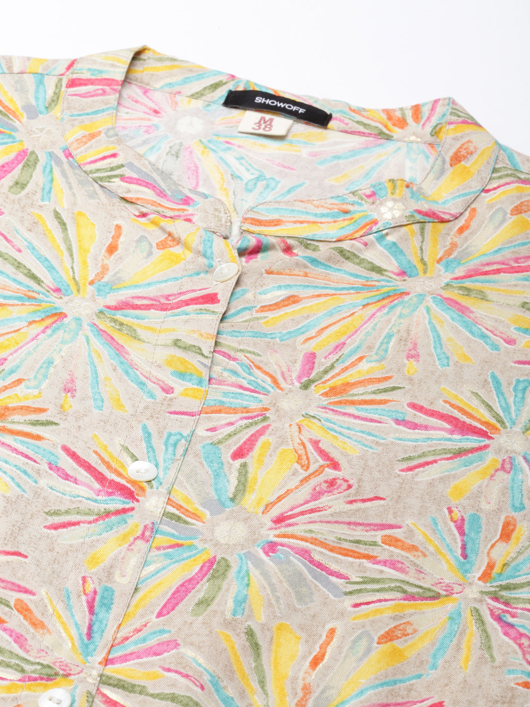 Women's Beige Abstract Printed Belted Detail A-Line Kurta