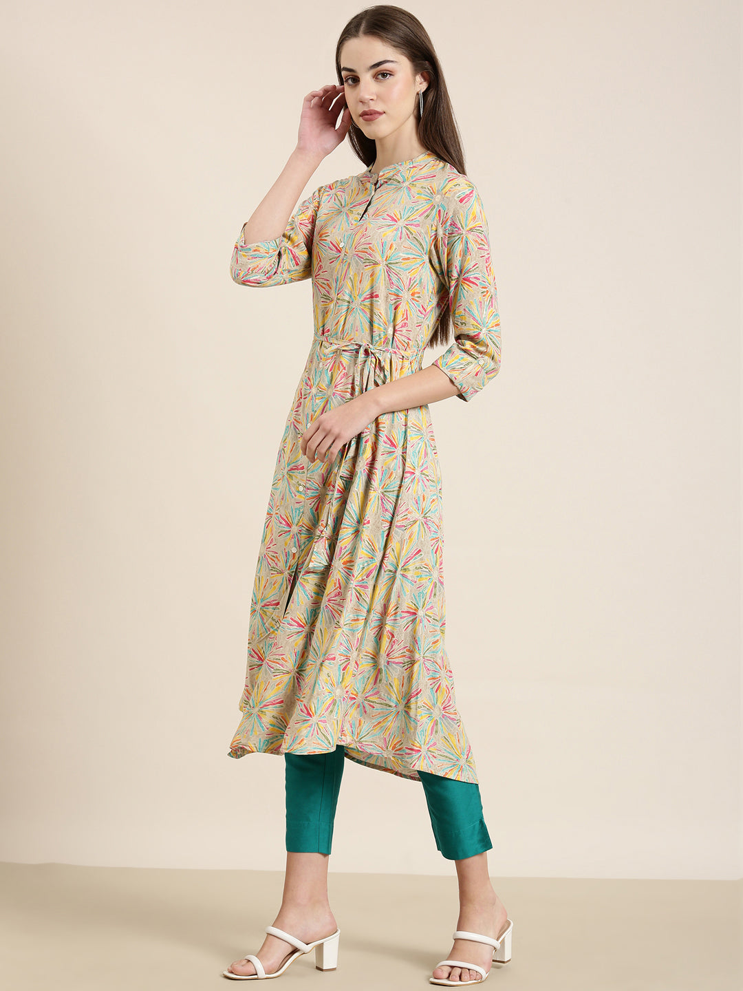 Women's Beige Abstract Printed Belted Detail A-Line Kurta