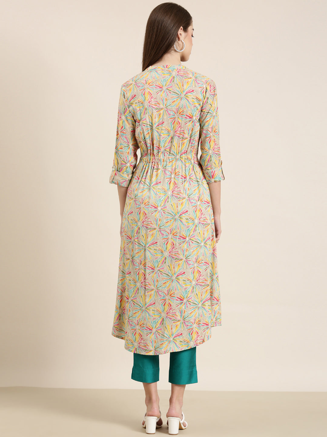 Women's Beige Abstract Printed Belted Detail A-Line Kurta