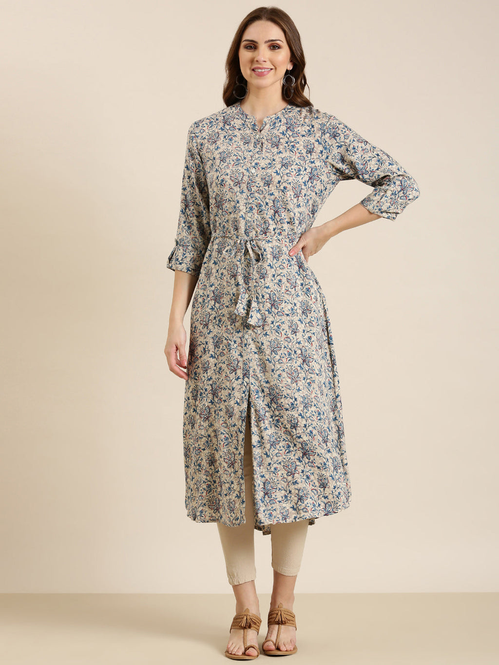 Women's Grey Floral Printed Cotton A-Line Kurta