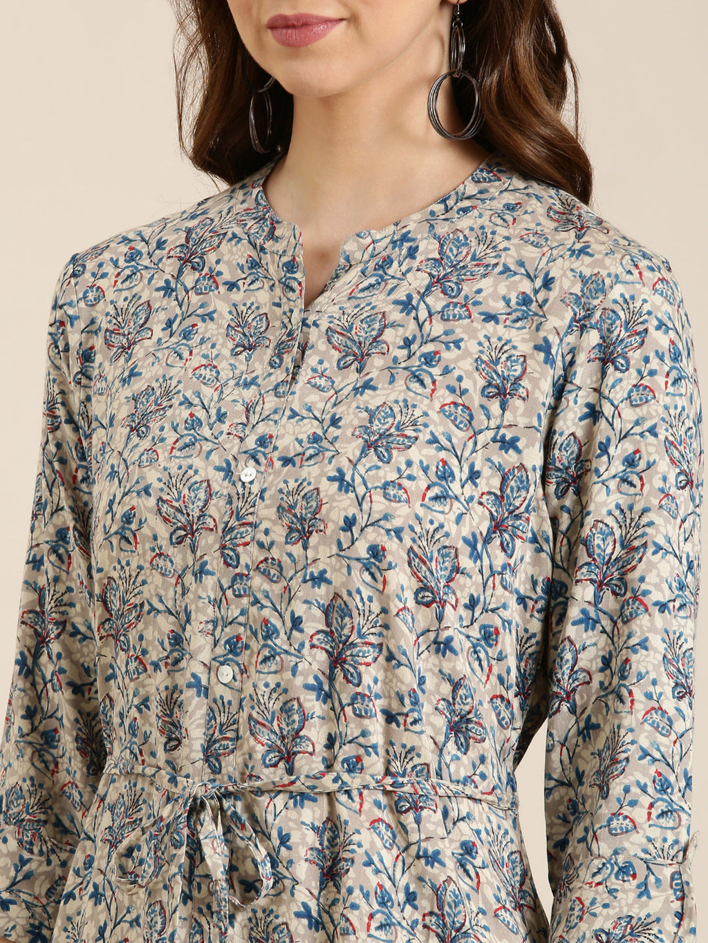 Women's Grey Floral Printed Cotton A-Line Kurta