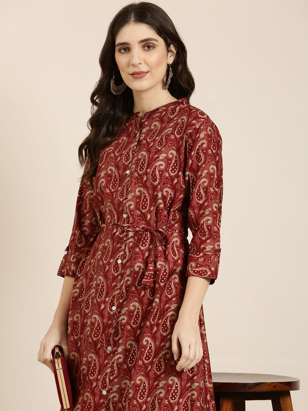 Women's Maroon Ethnic Motifs Printed Band Collar A-Line Kurta