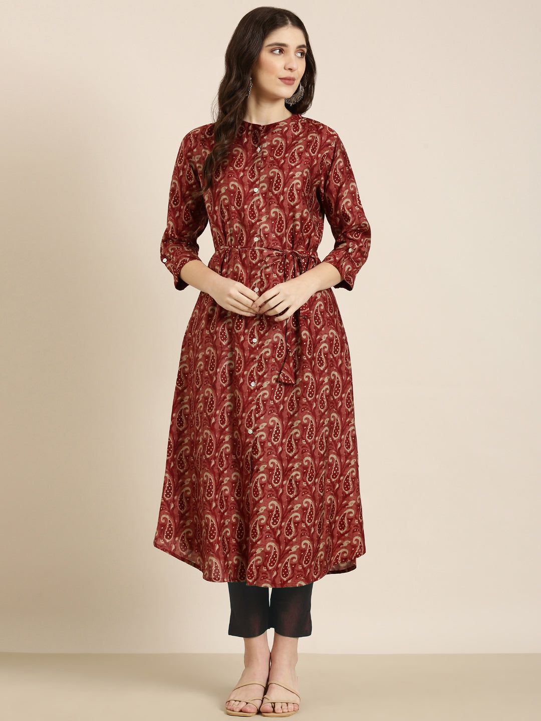 Women's Maroon Ethnic Motifs Printed Band Collar A-Line Kurta