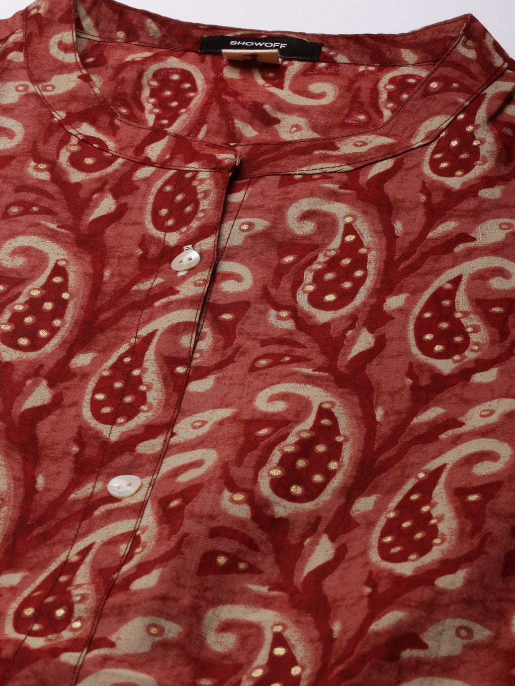 Women's Maroon Ethnic Motifs Printed Band Collar A-Line Kurta