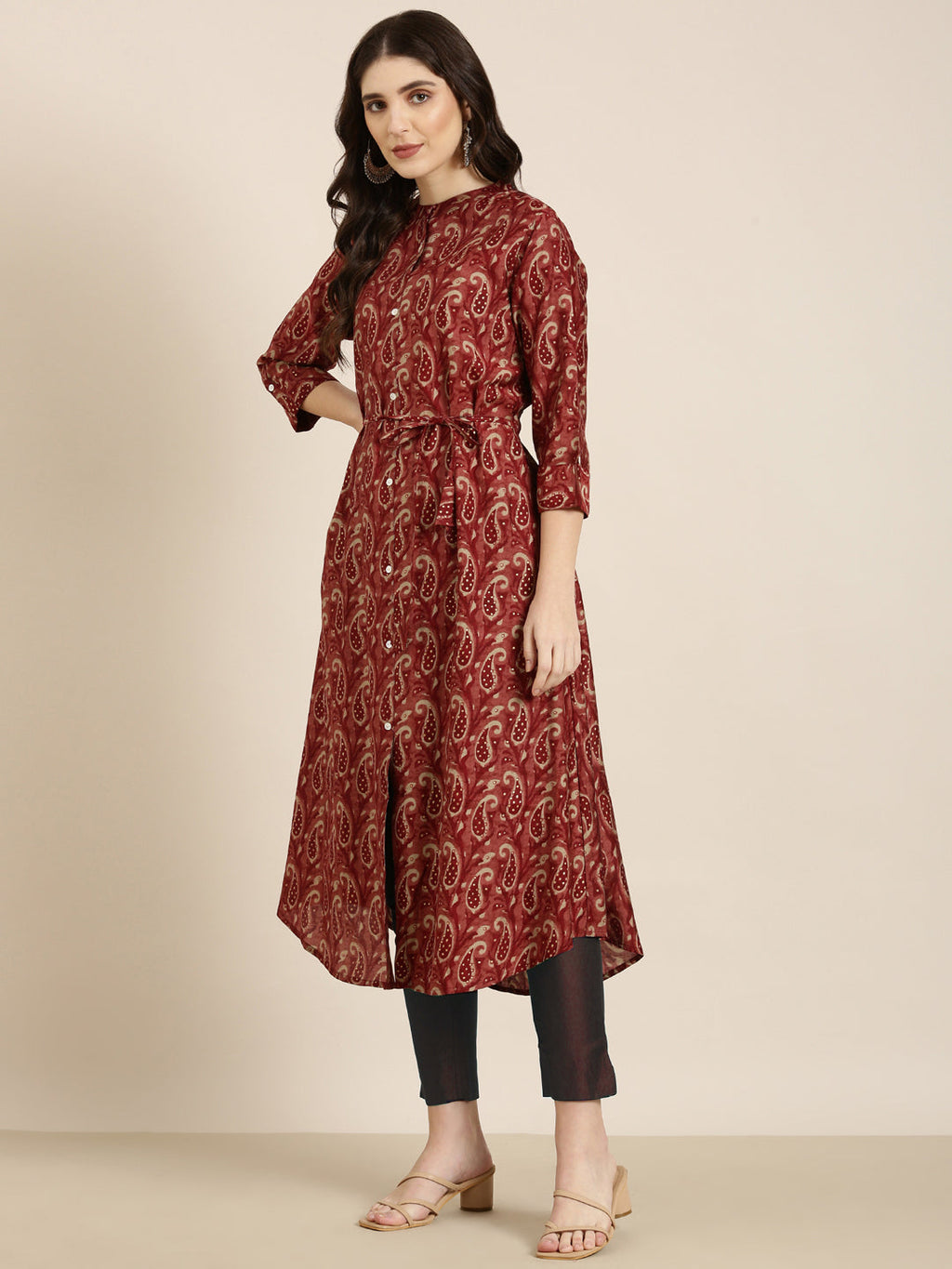 Women's Maroon Ethnic Motifs Printed Band Collar A-Line Kurta
