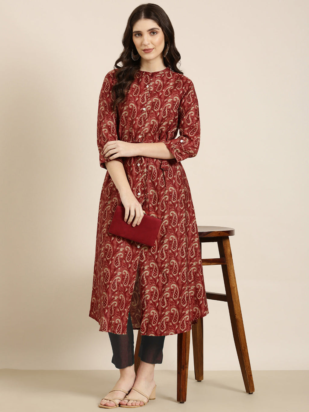 Women's Maroon Ethnic Motifs Printed Band Collar A-Line Kurta
