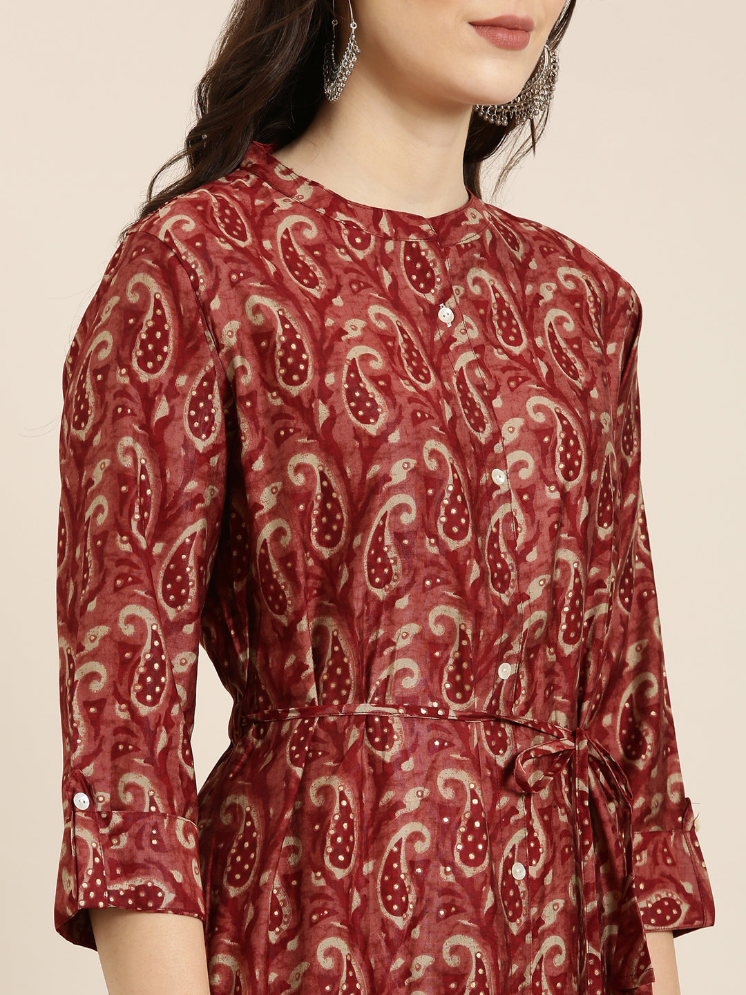 Women's Maroon Ethnic Motifs Printed Band Collar A-Line Kurta