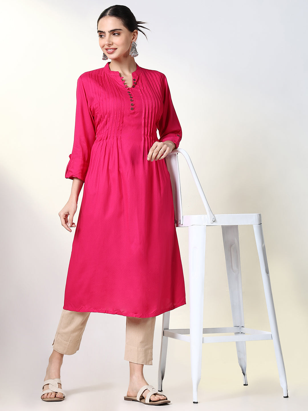 Women's Fuchsia Solid A Line Kurta