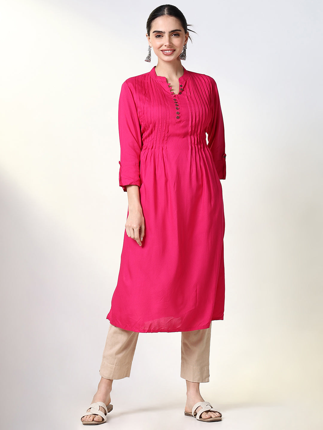 Women's Fuchsia Solid A Line Kurta