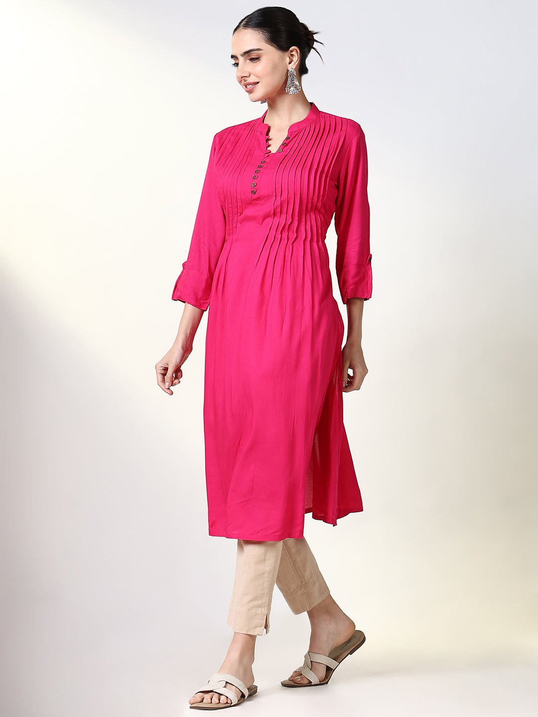 Women's Fuchsia Solid A Line Kurta