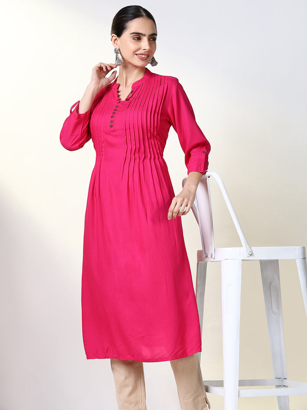 Women's Fuchsia Solid A Line Kurta