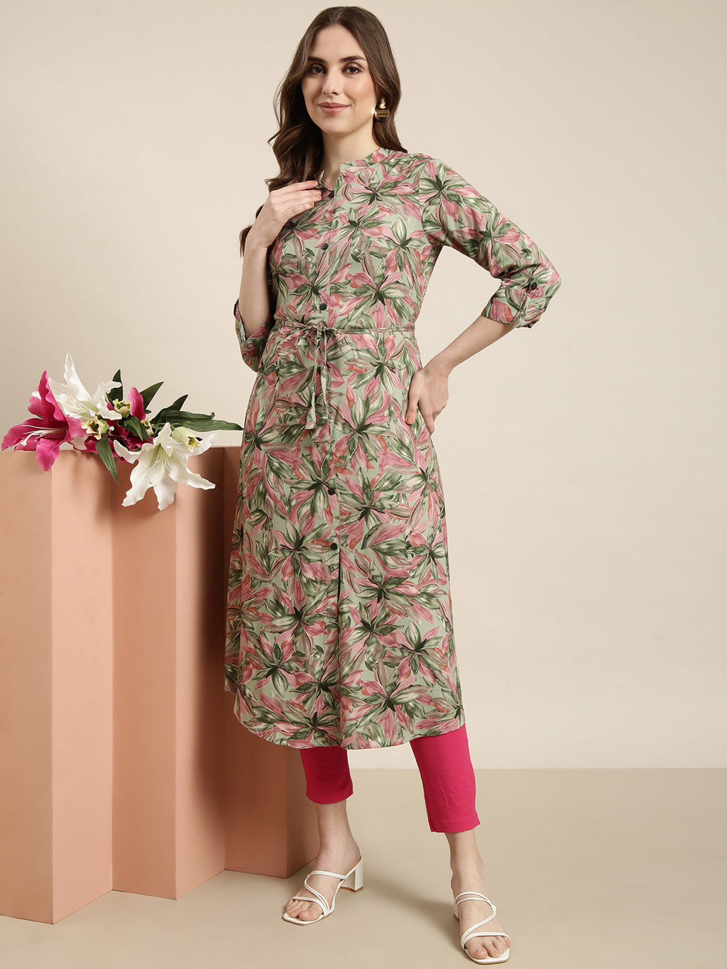Women's A-Line Green Floral Kurta