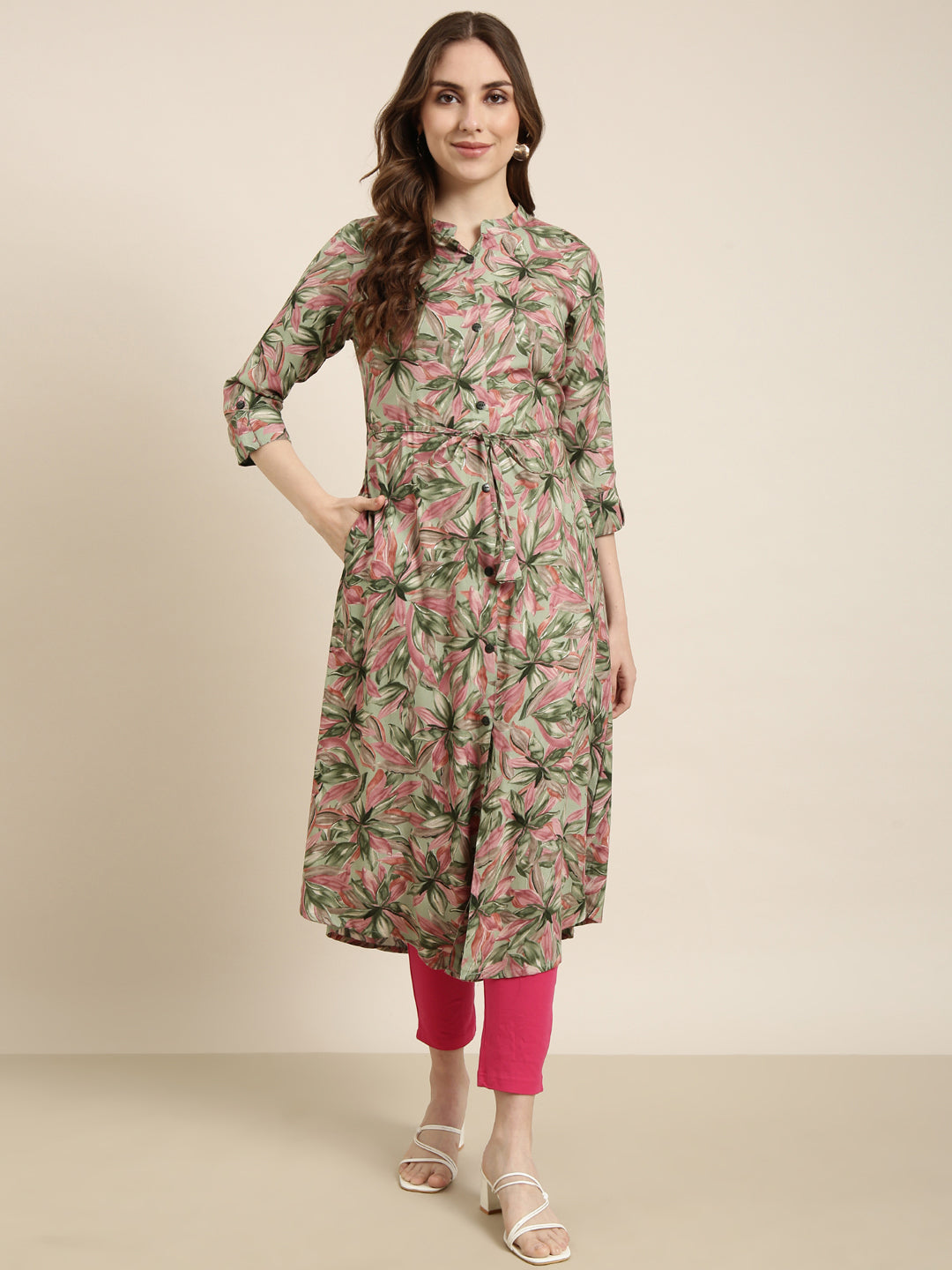 Women's A-Line Green Floral Kurta