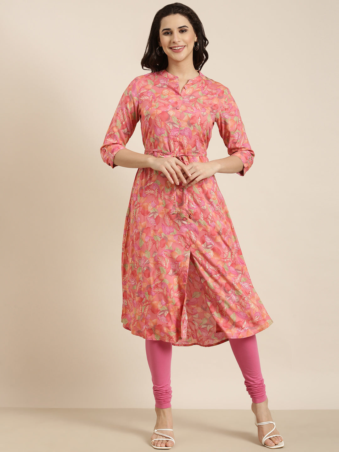 Women's A-Line Pink Floral Kurta