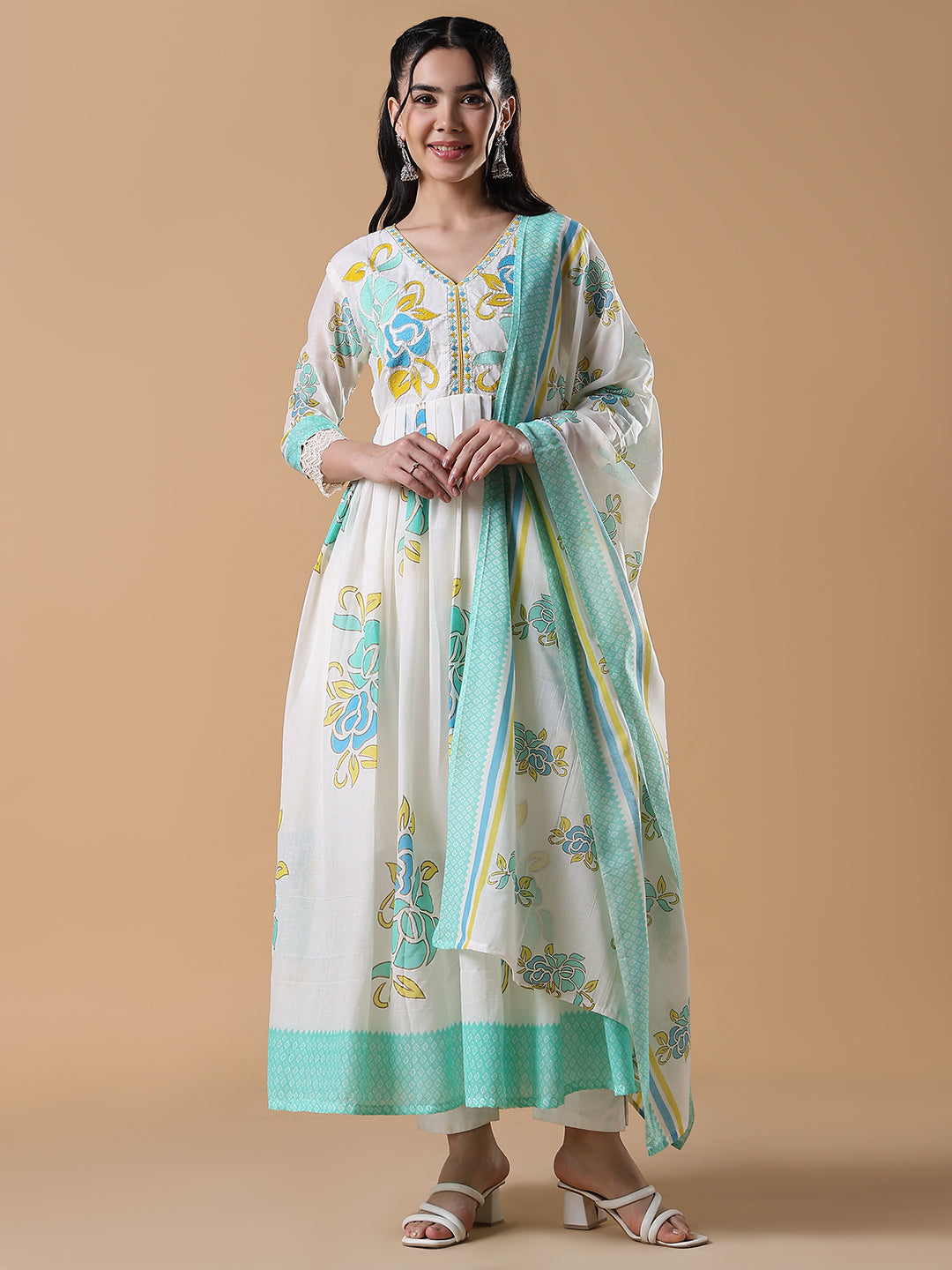 Women's White Floral Cotton Anarkali Kurta with Dupatta