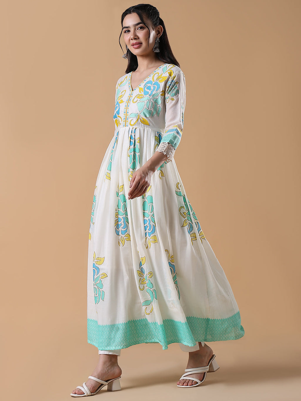 Women's White Floral Cotton Anarkali Kurta with Dupatta