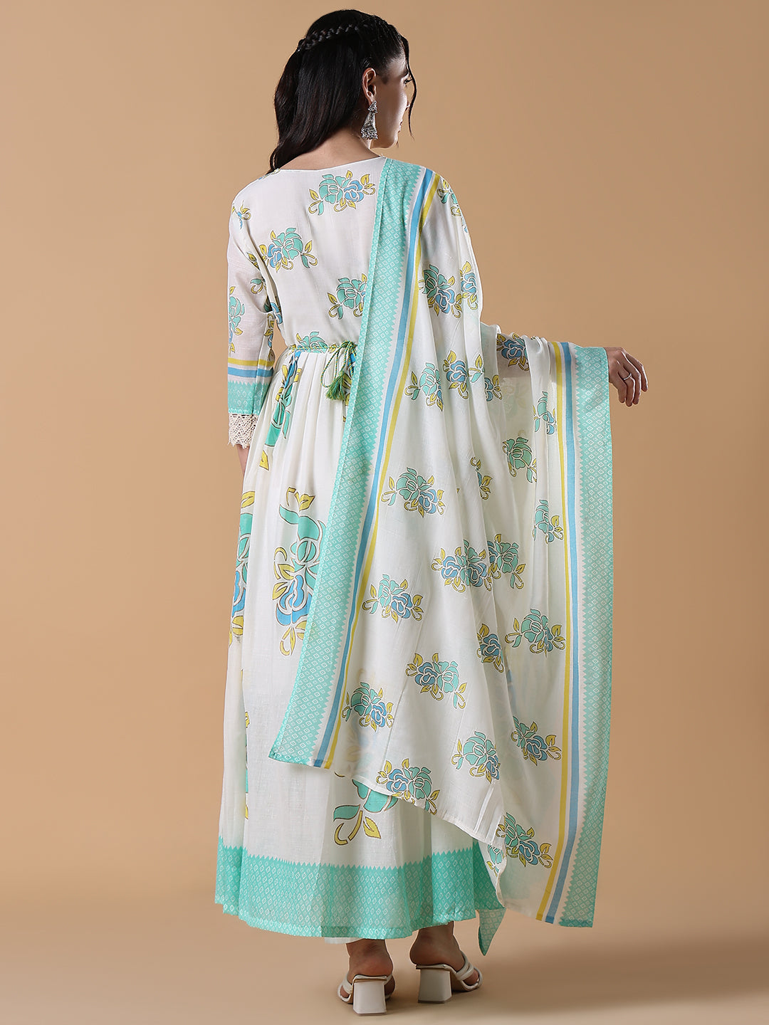 Women's White Floral Cotton Anarkali Kurta with Dupatta