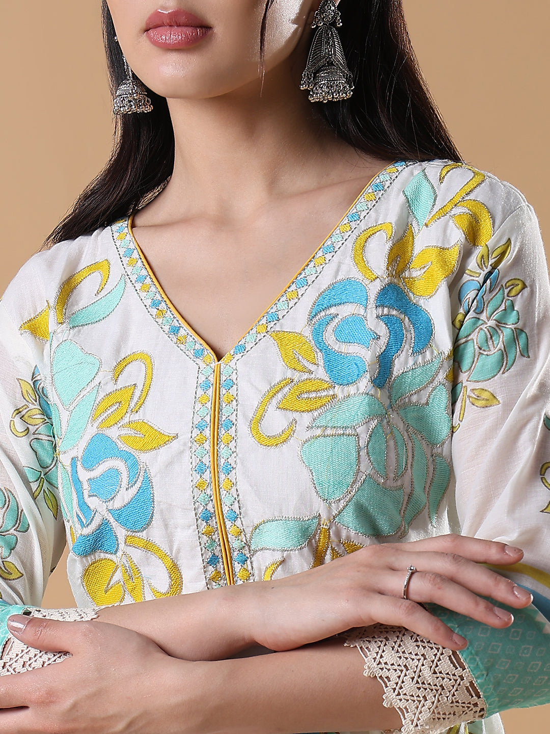 Women's White Floral Cotton Anarkali Kurta with Dupatta