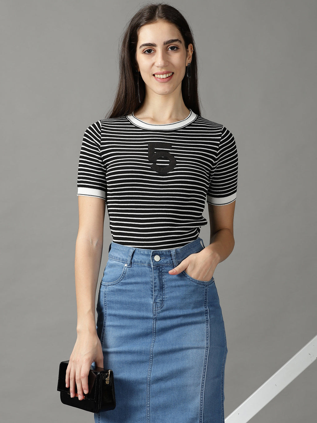 Women's Black Fitted Striped Top