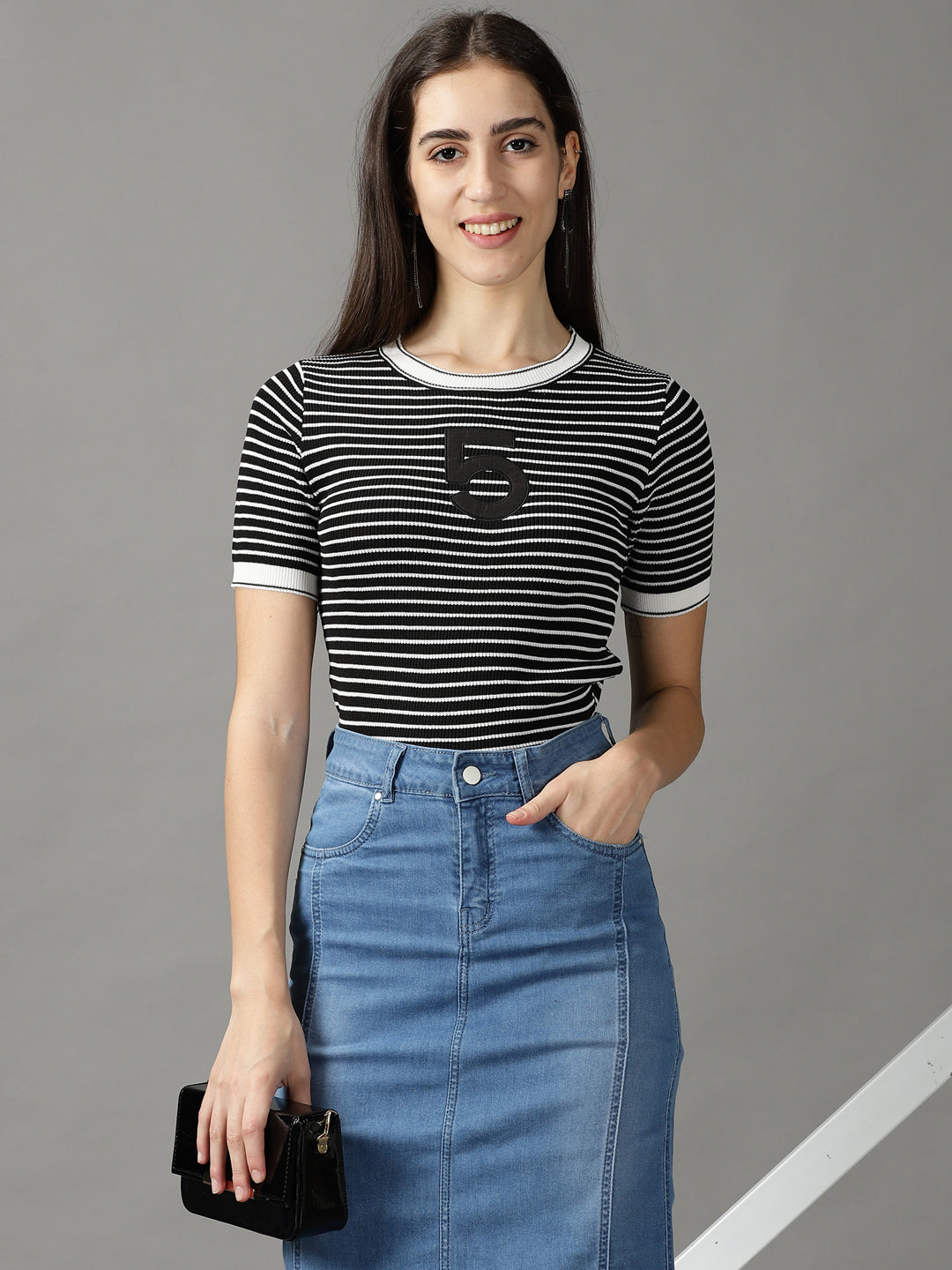 Women's Black Fitted Striped Top