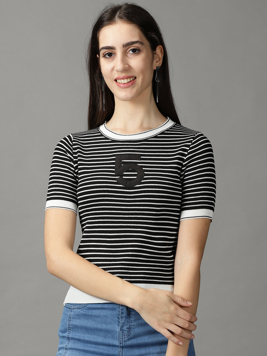 Women's Black Fitted Striped Top