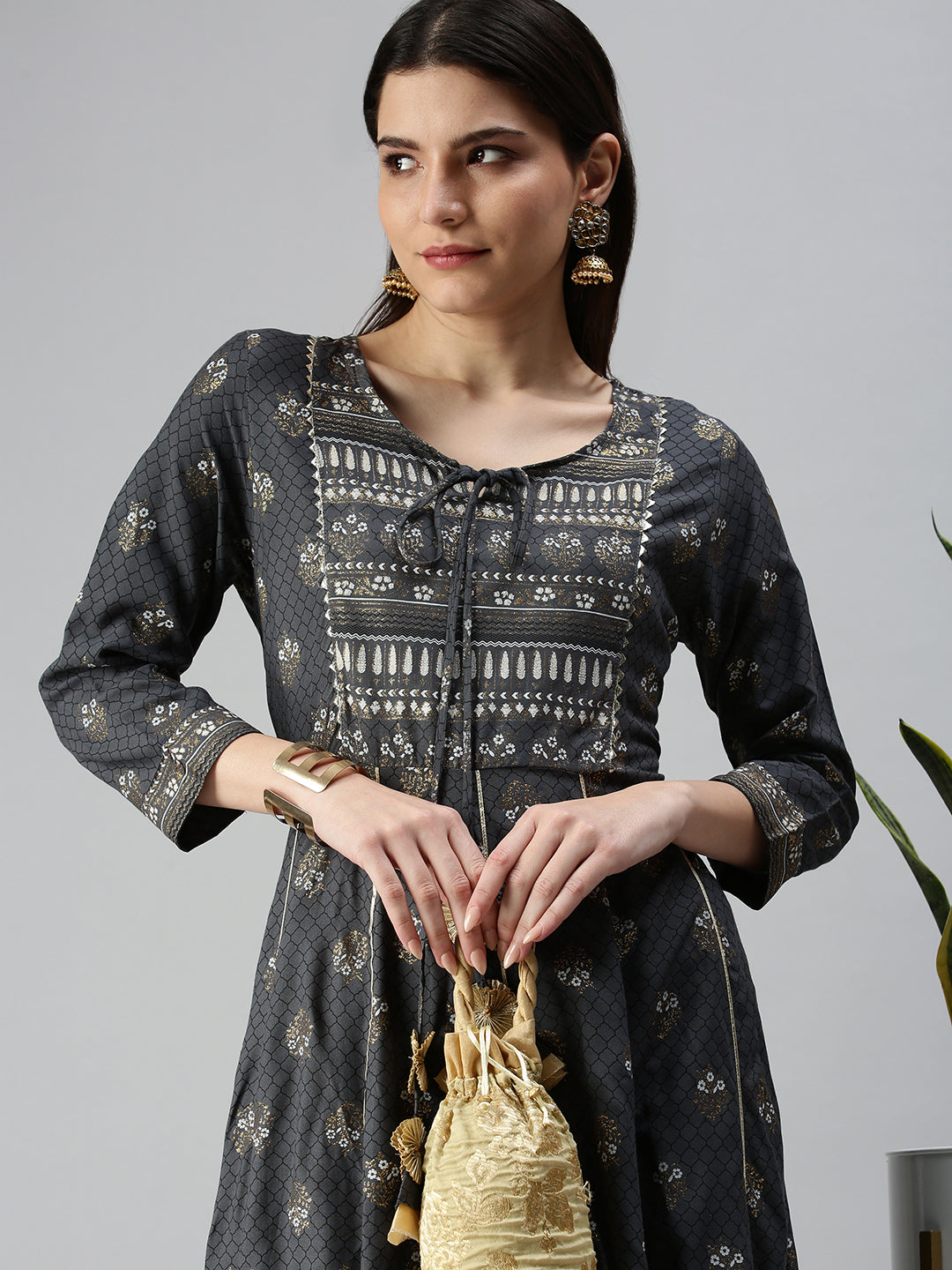 Women's Grey Ethnic Motifs Printed Gotta Patti Cotton Anarkali Kurta