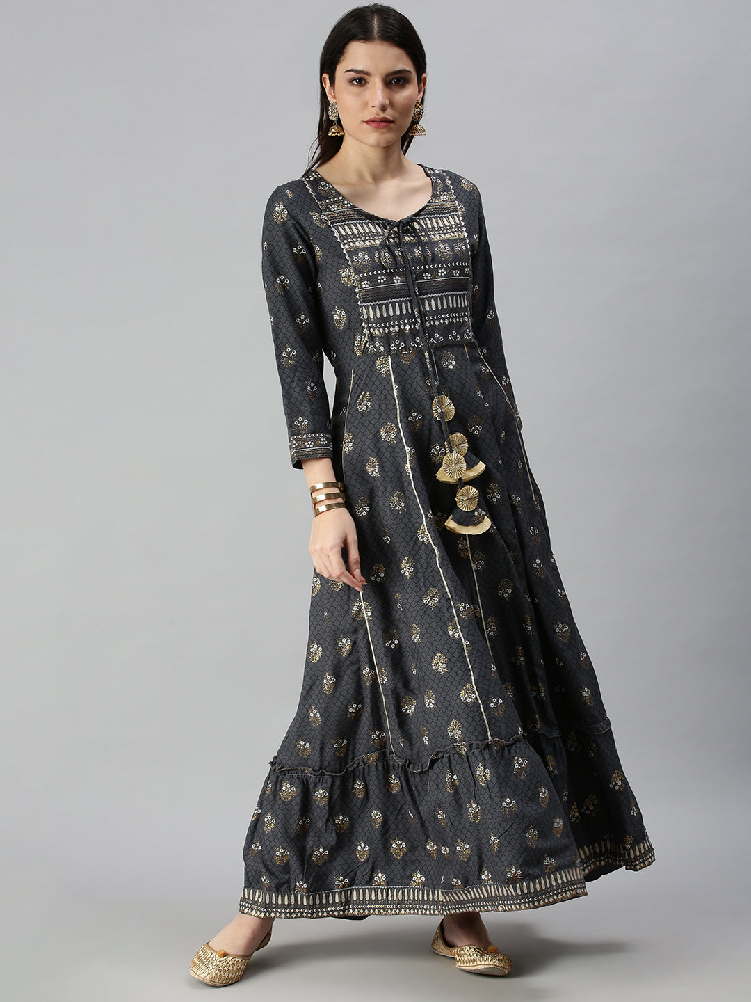Women's Grey Ethnic Motifs Printed Gotta Patti Cotton Anarkali Kurta