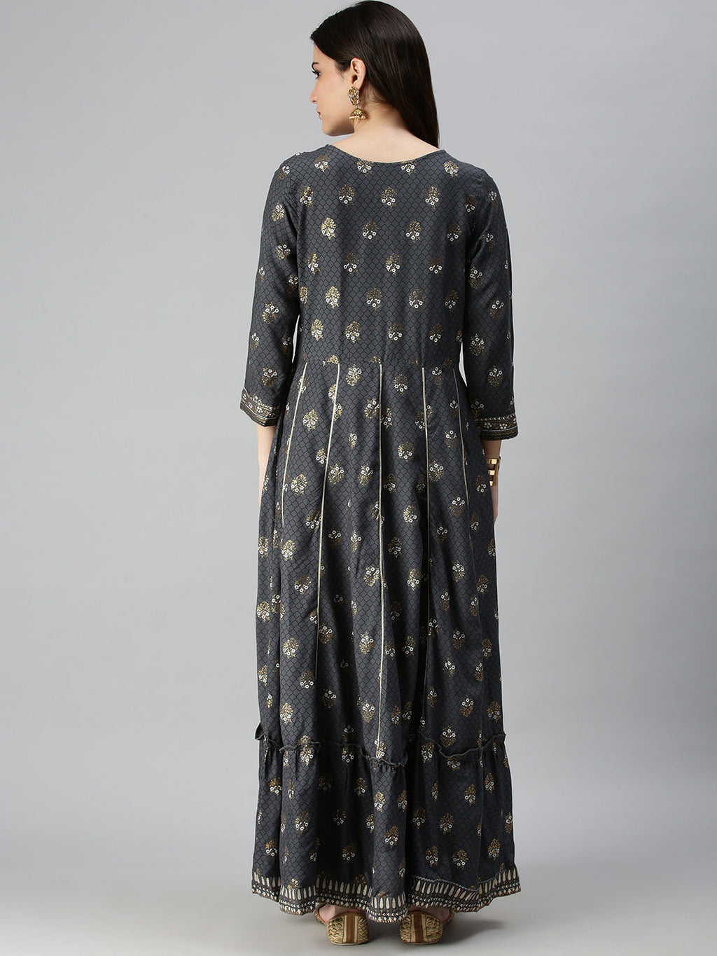 Women's Grey Ethnic Motifs Printed Gotta Patti Cotton Anarkali Kurta