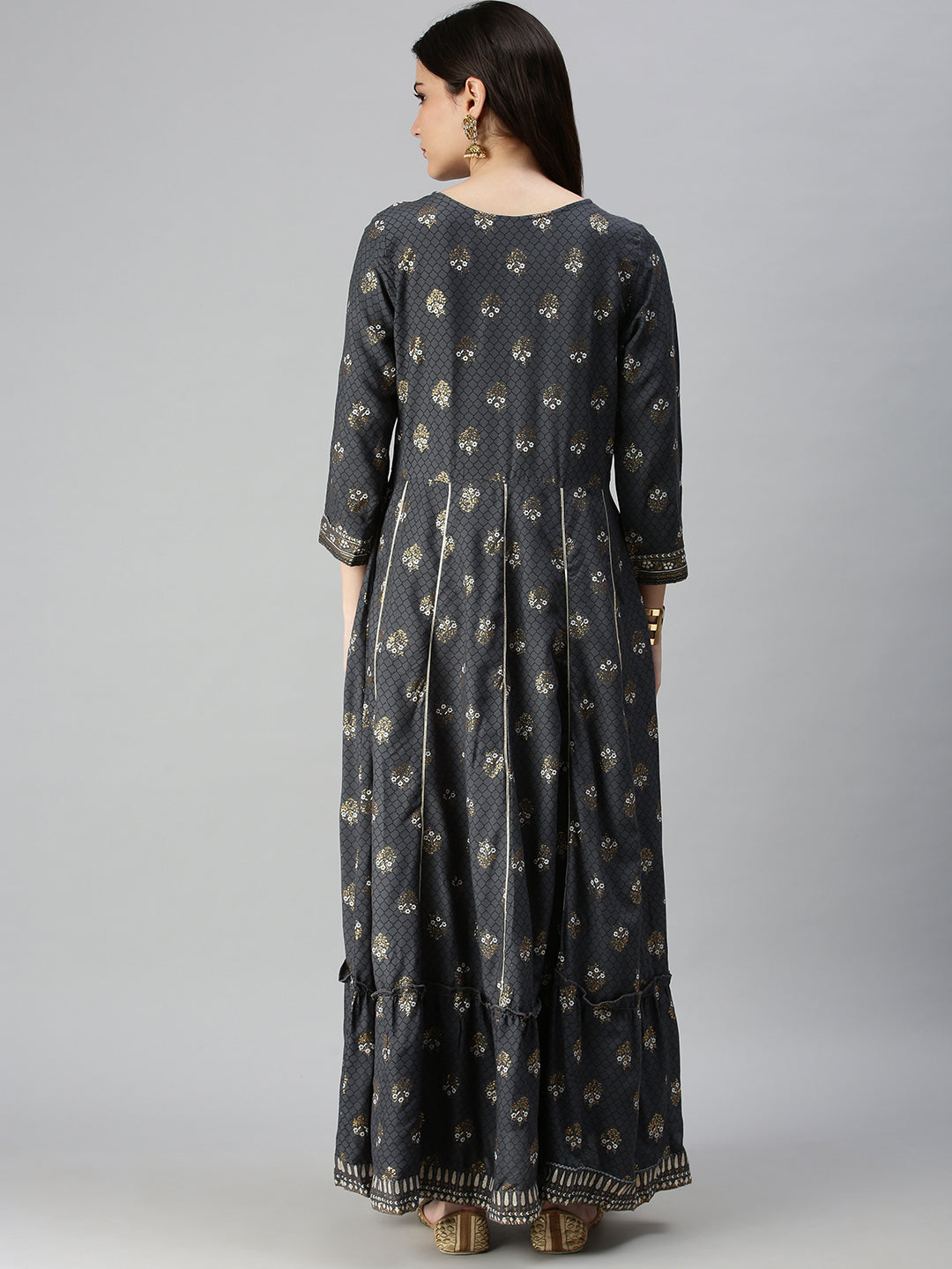 Women's Grey Ethnic Motifs Printed Gotta Patti Cotton Anarkali Kurta