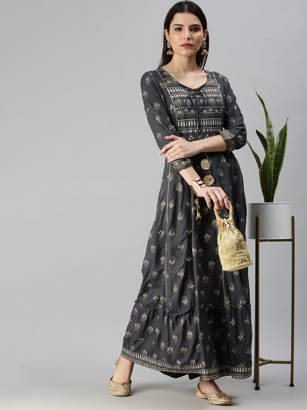 Women's Grey Ethnic Motifs Printed Gotta Patti Cotton Anarkali Kurta